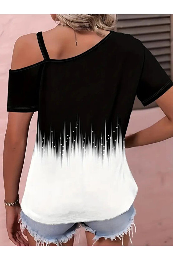 Kadın Tek Omuzdan Açık Askı Detaylı Desenli Süprem Bluz