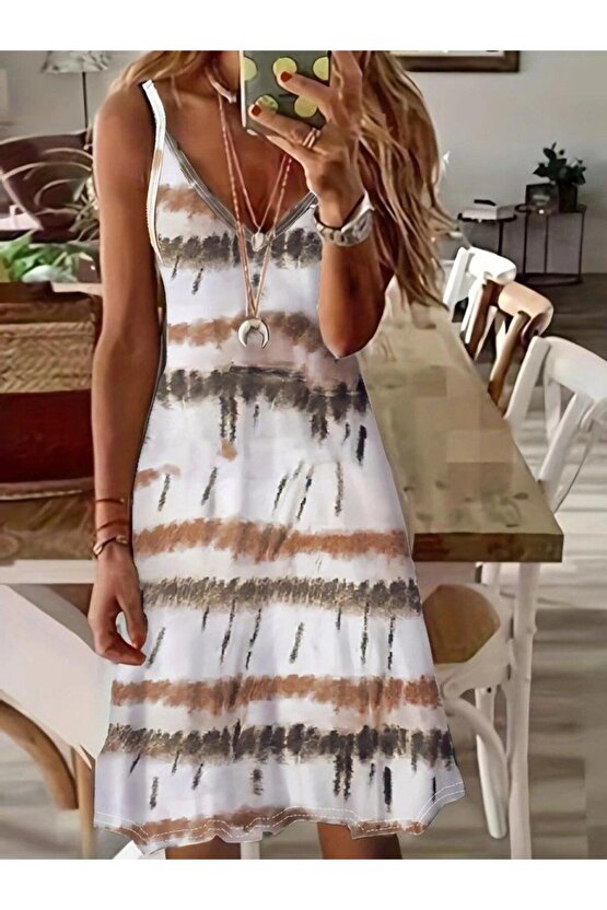 Kadın Ip Askılı V Yakalı Karışık Renkli Süprem Elbise
