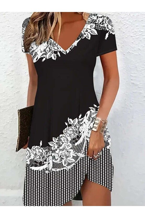 Kadın Kısa Kollu V Yakalı çiçek Baskılı Süprem Elbise