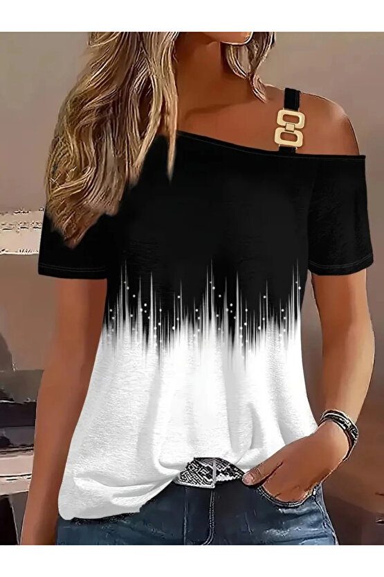 Kadın Tek Omuzdan Açık Askı Detaylı Desenli Süprem Bluz