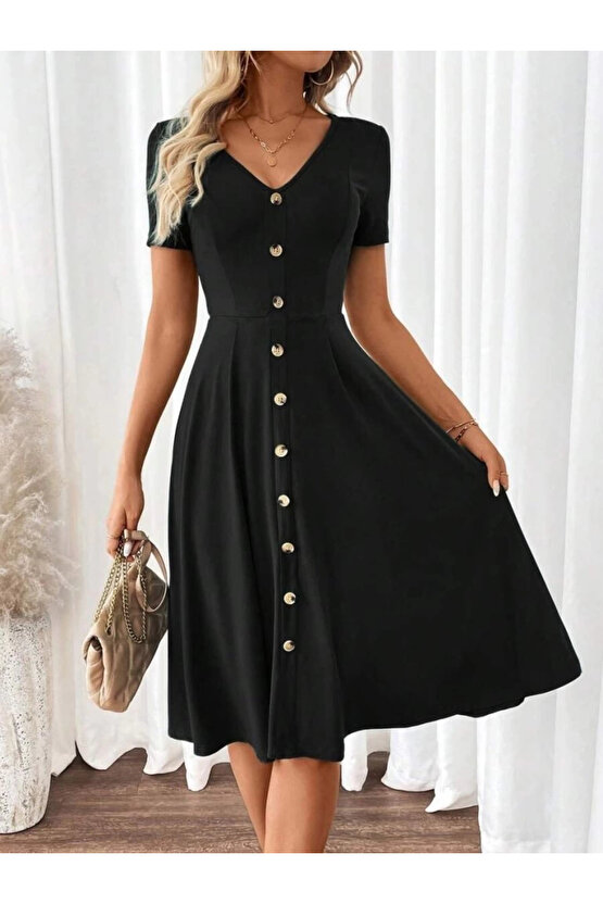 Kadın Kısa Kollu V Yakalı önden Düğmeli A Kesim Dokuma Elbise