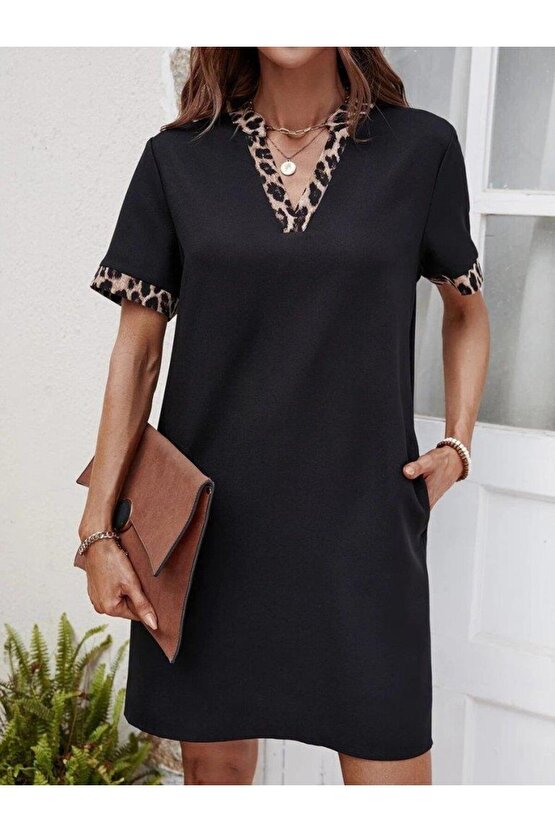 Kadın Kısa Kollu V Yakalı Leopar Desen Detaylı Modal Elbise