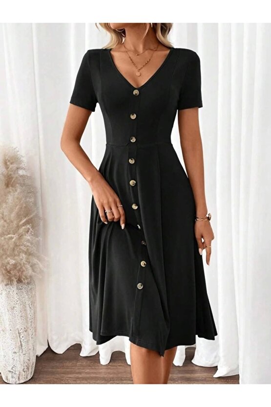 Kadın Kısa Kollu V Yakalı önden Düğmeli A Kesim Dokuma Elbise