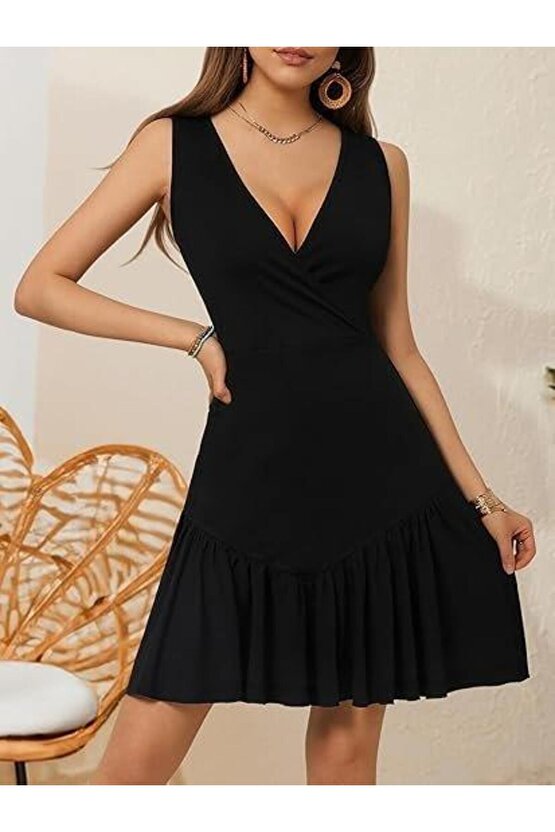 Kadın Askılı Kruvaze Yakalı Fırfırlı Janjan Krep Elbise