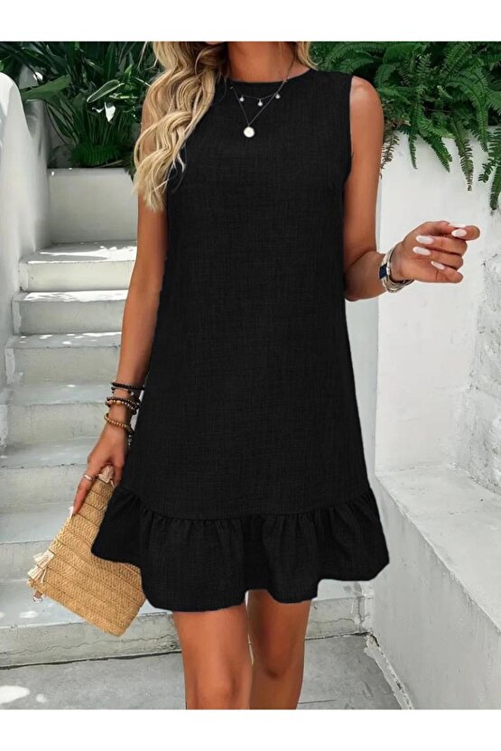 Kadın Kolsuz Bisiklet Yaka Fırfırlı Sofya Elbise