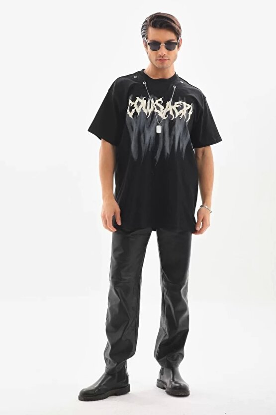 Unisex Oversize Kolye Dahil T-Shirt - Siyah