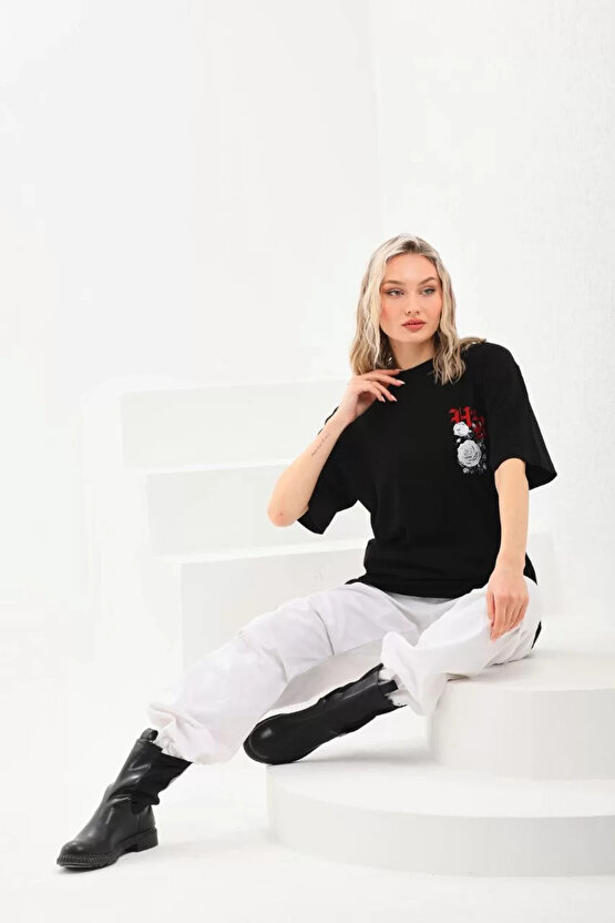 Unisex Baskılı Oversize T-Shirt - Siyah
