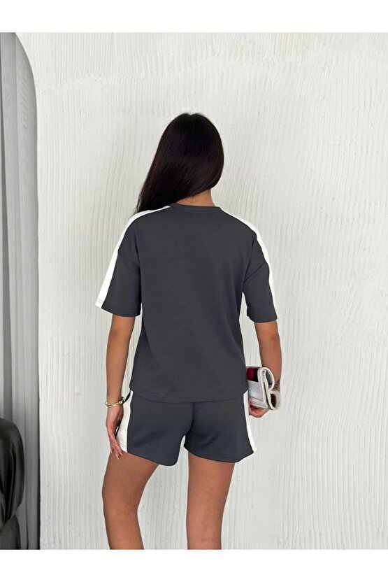 Osy Modal yumuşak dokulu Kumaş Kadın Parçalı Bisiklet Yaka T-shirt Kısa Şort İkili Takım - Antrasit