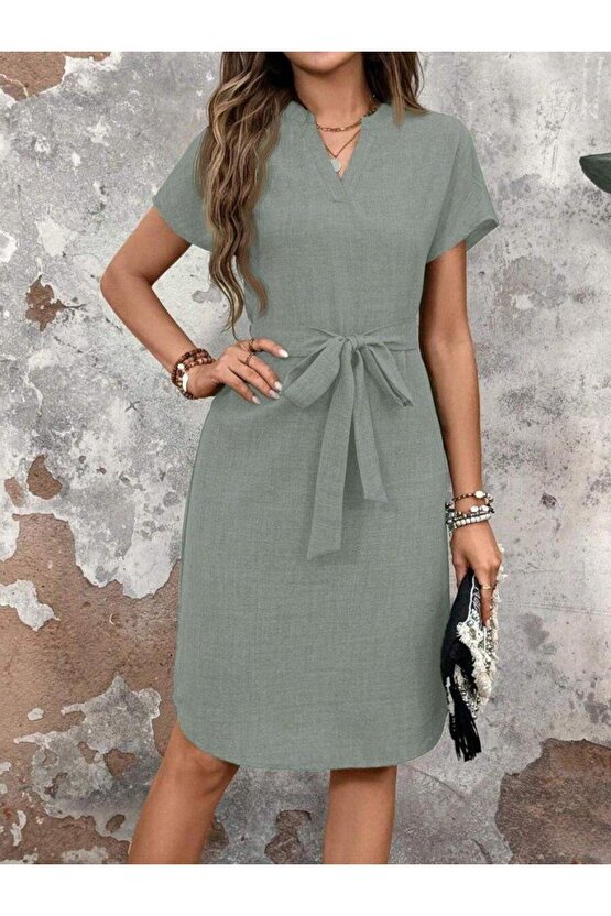Kadın Kısa Kollu V Hakim Yaka Belden Kuşaklı Valencia Elbise