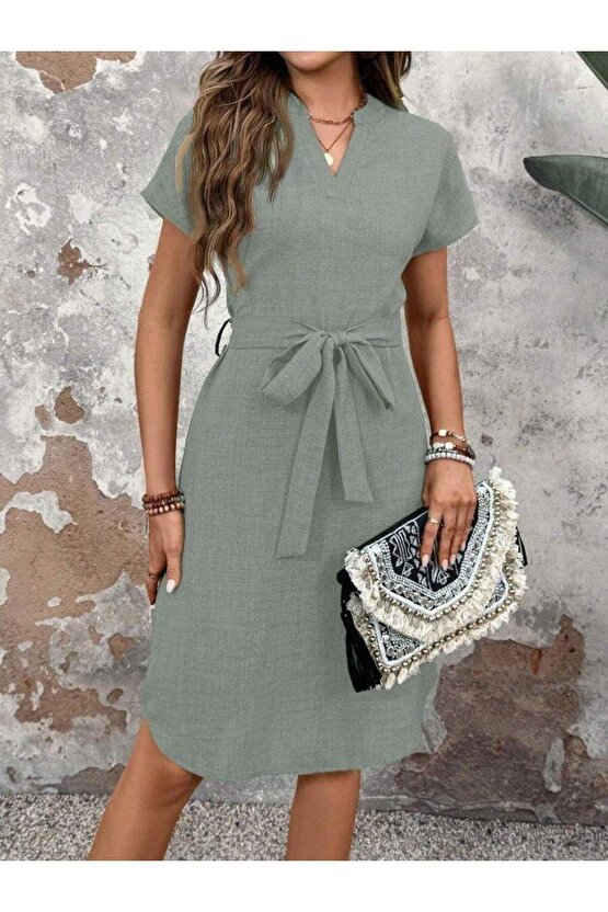 Kadın Kısa Kollu V Hakim Yaka Belden Kuşaklı Valencia Elbise