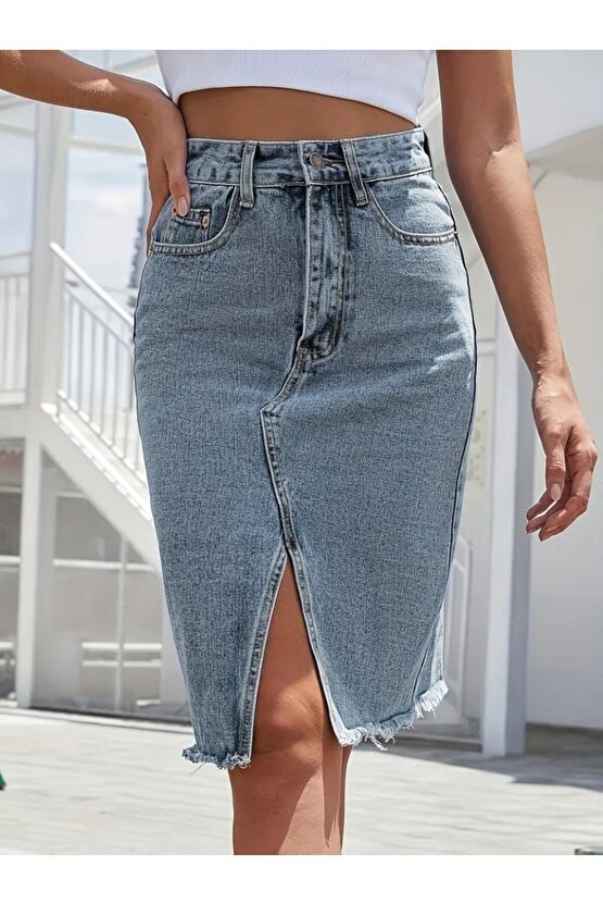 EQURİ Kadın Elastik Bel Yırtık Kenar Detaylı Kot Etek