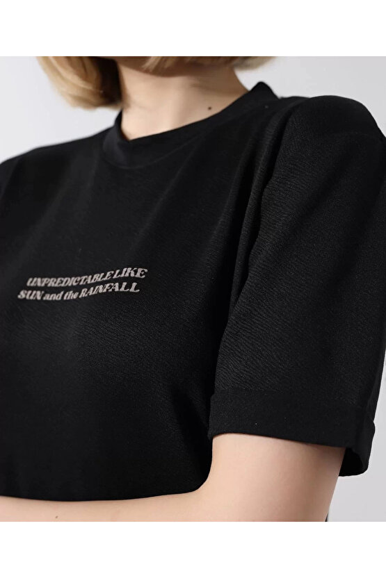 Unisex Bisiklet Yaka Baskılı Slim Fit T-Shirt - Siyah