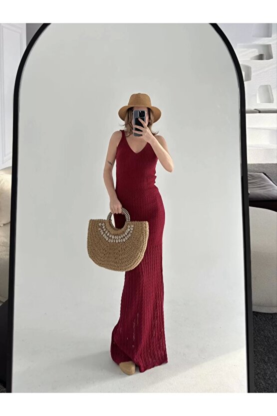 Örgülü Uzun Triko Elbise - Bordo