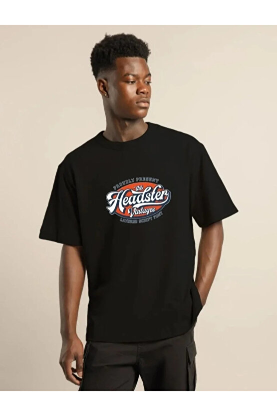 Unisex Baskılı Oversize T-Shirt - Siyah