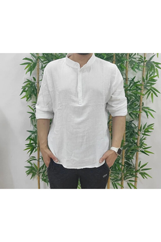 Erkek Uzun Kollu Hakim Yaka Düğmeli Erkek Müslim Gömlek