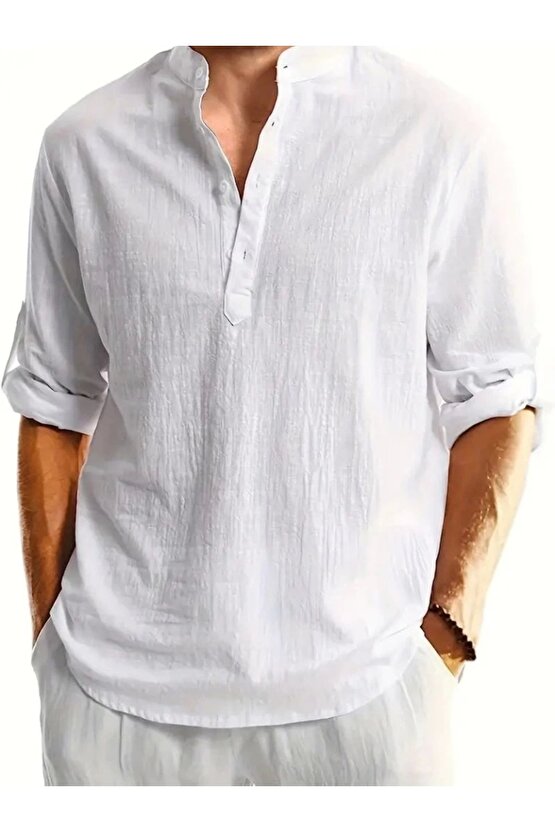 Erkek Uzun Kollu Hakim Yaka Düğmeli Erkek Müslim Gömlek