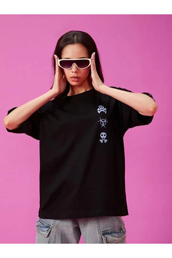 Kadın Baskılı Oversize T-shirt - Siyah