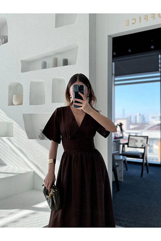 Kısa Kollu Uzun Elbise - Kahve