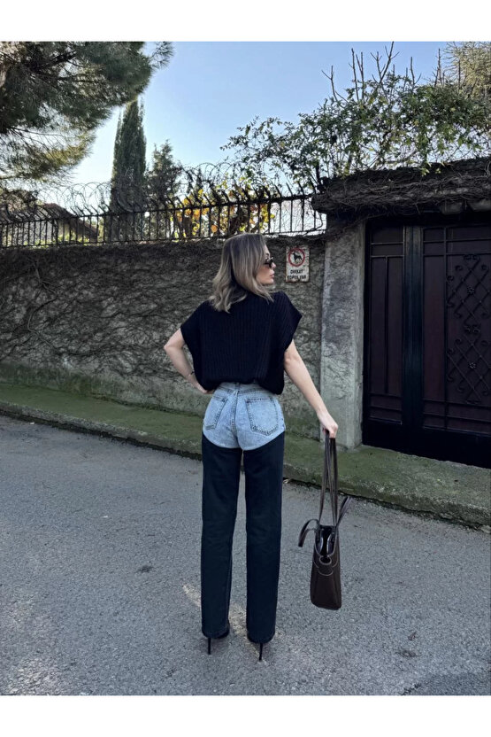 Kadın Jeans Kot Parçalı Palazzo Pantolon - Siyah