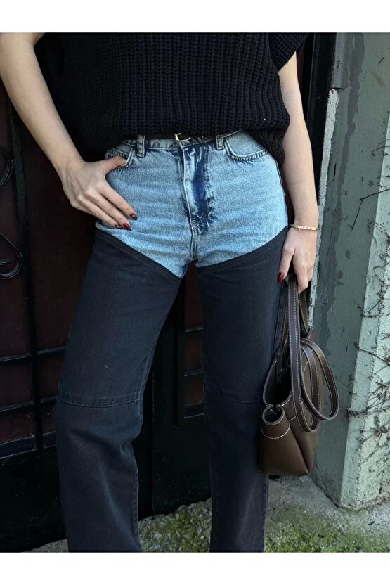 Kadın Jeans Kot Parçalı Palazzo Pantolon - Siyah