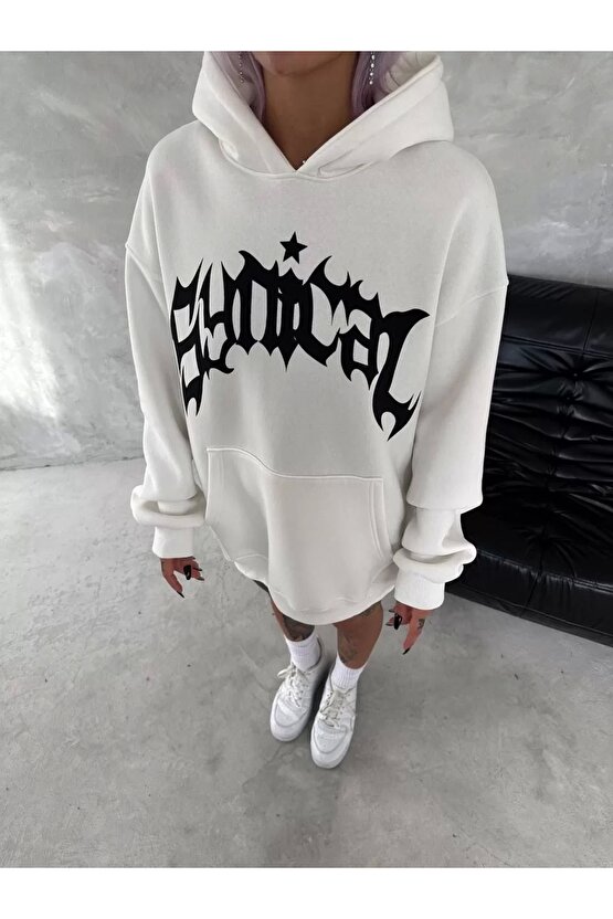 Unisex Üç İplik Kapüşonlu Baskılı SweatShirt - Beyaz