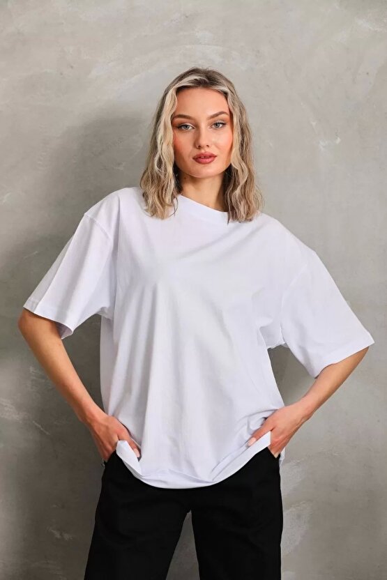 Unisex Bisiklet Yaka 201 Düz Oversize T-Shirt - Beyaz