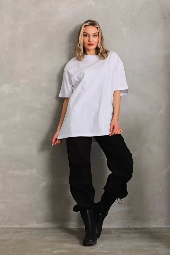 Unisex Bisiklet Yaka 201 Düz Oversize T-Shirt - Beyaz