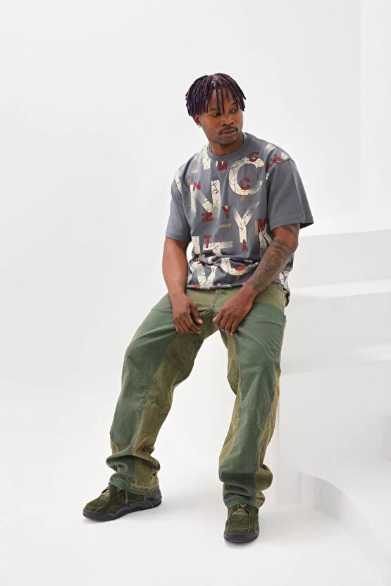 Unisex Baskılı Oversize T-Shirt - Füme