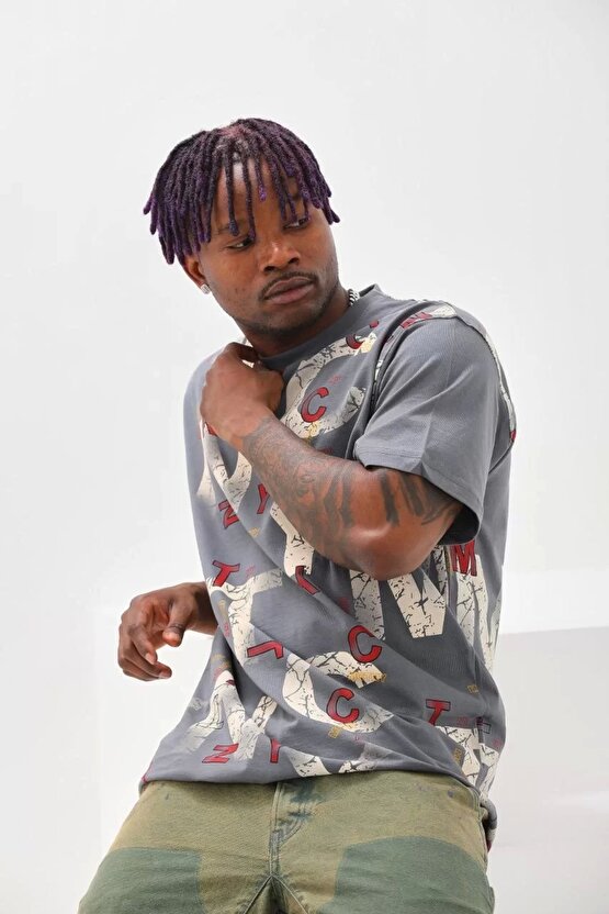 Unisex Baskılı Oversize T-Shirt - Füme