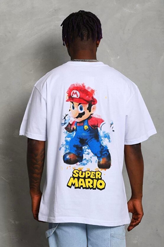 Unisex Oversize Baskılı Bisiklet Yaka T-Shirt - Beyaz