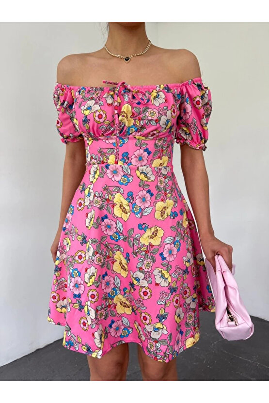 Yakası Lastikli Bağcık Detaylı Mini Elbise -Pembe