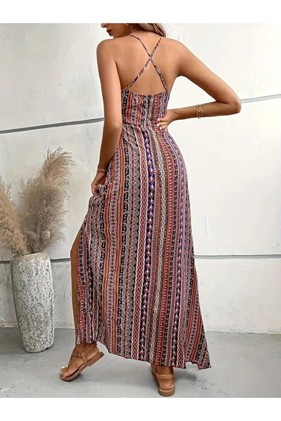 EQURİ Kadın Ip Askılı Sırttan çapraz Detaylı Yırtmaçlı Desenli Süprem Elbise