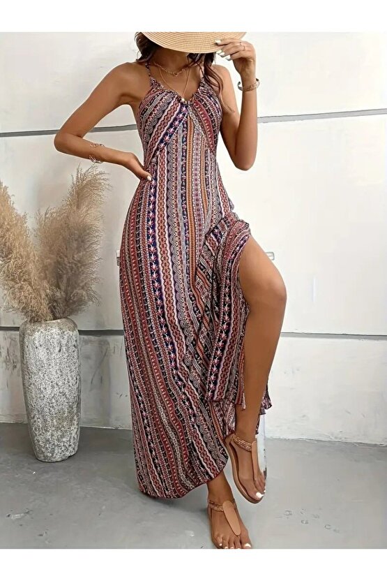 EQURİ Kadın Ip Askılı Sırttan çapraz Detaylı Yırtmaçlı Desenli Süprem Elbise