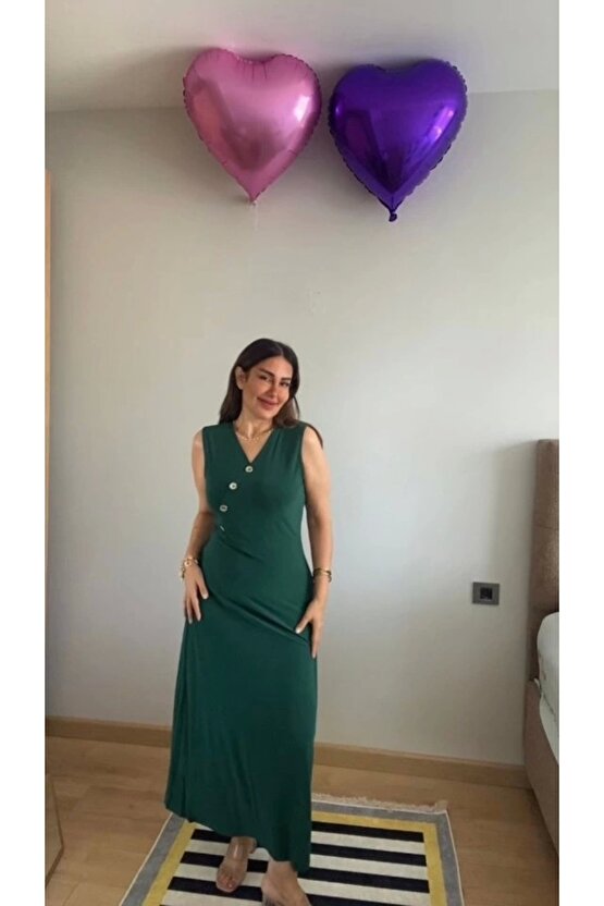 Kadın Kruvaze Yaka Düğme Detay Maxi Boy Elbise