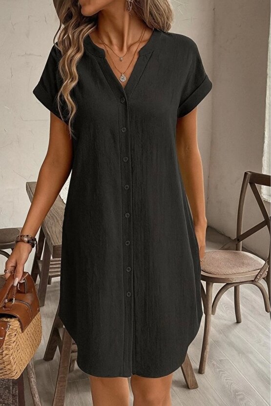 Kadın Kısa Kollu önden Düğmeli Ithal Keten Elbise