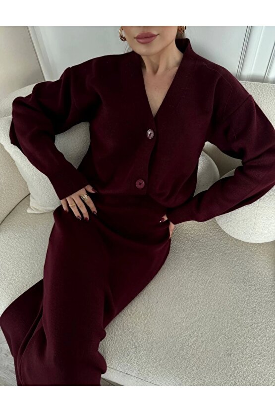V Yaka 3 Düğmeli Hırka Takım Triko İkili Etekli - Bordo