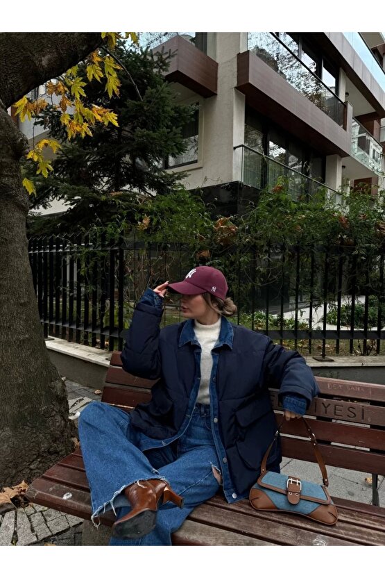 Jeans Detaylı Cıtcıtlı Ceket Mont - Lacivert