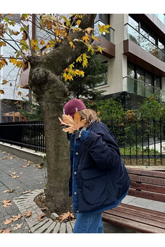 Jeans Detaylı Cıtcıtlı Ceket Mont - Lacivert