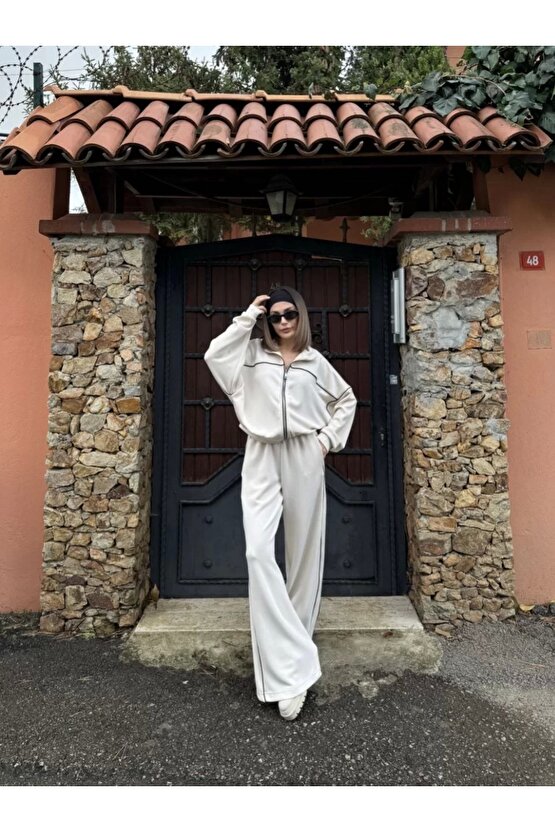 Fermuarlı Eşofman Pantolon İkili Takım - Beyaz