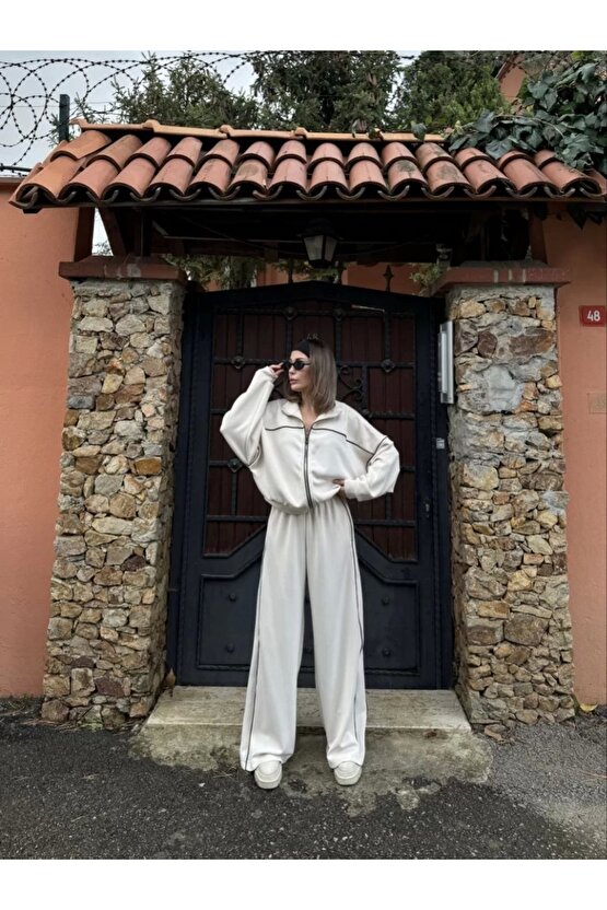 Fermuarlı Eşofman Pantolon İkili Takım - Beyaz
