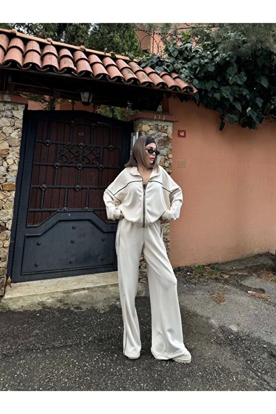 Fermuarlı Eşofman Pantolon İkili Takım - Beyaz
