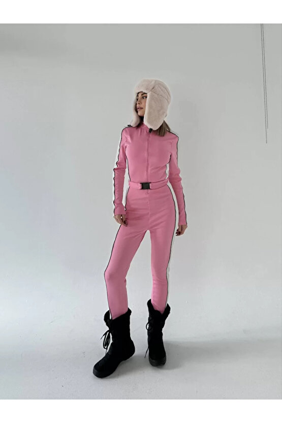 Kemer Detaylı Fermuarlı Tulum - Pembe