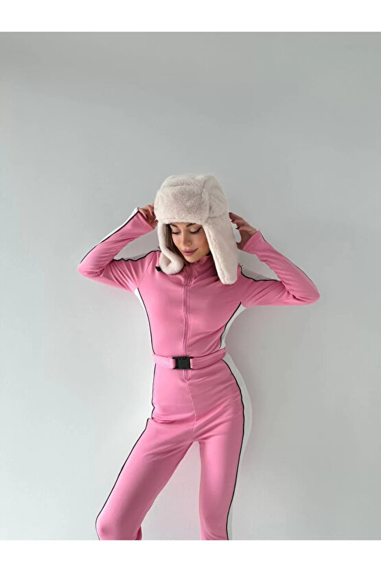 Kemer Detaylı Fermuarlı Tulum - Pembe