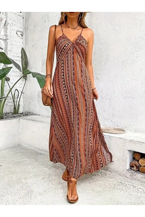 EQURİ Kadın Ip Askılı Sırttan çapraz Detaylı Yırtmaçlı Desenli Süprem Elbise