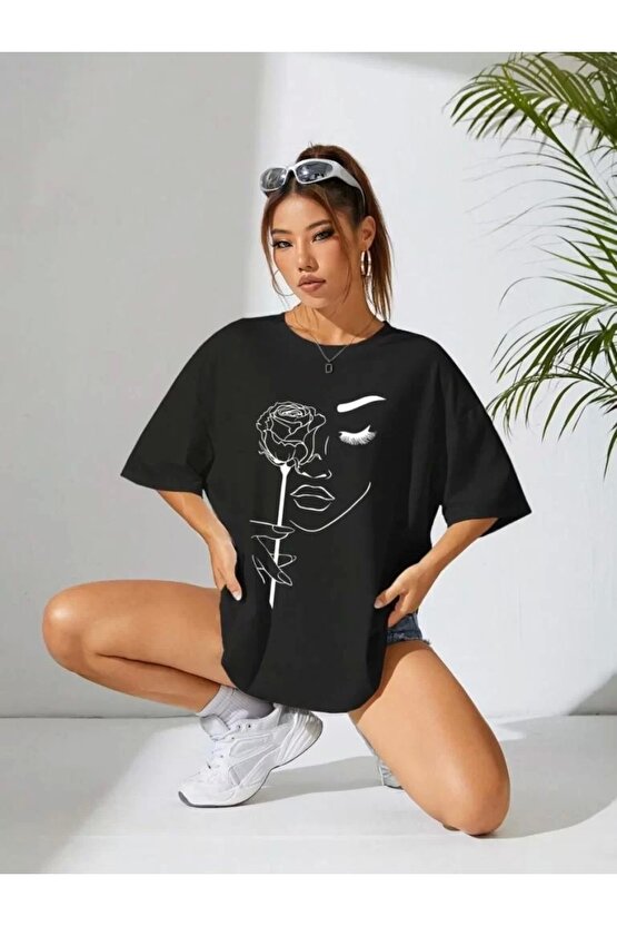 Kadın Baskılı Oversize T-shirt - Siyah
