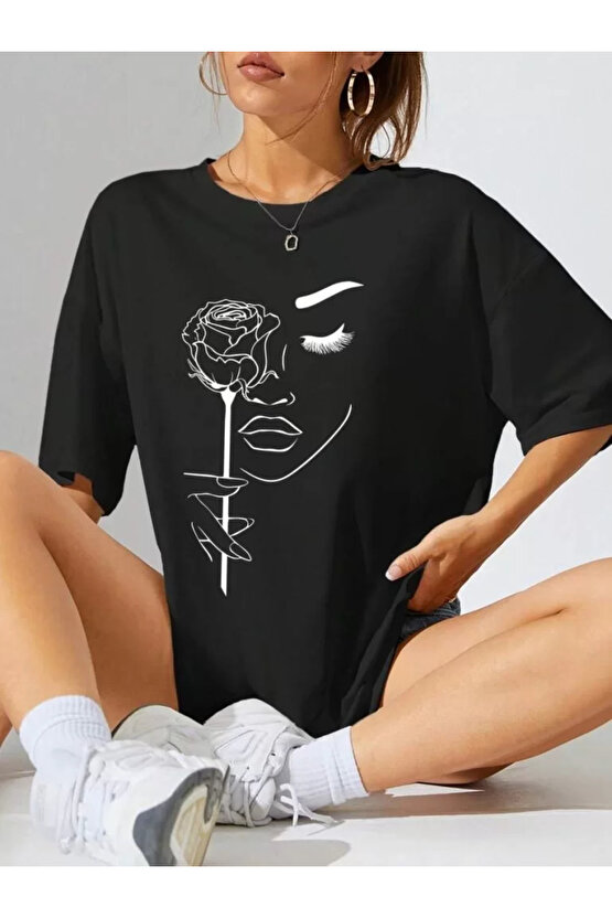 Kadın Baskılı Oversize T-shirt - Siyah