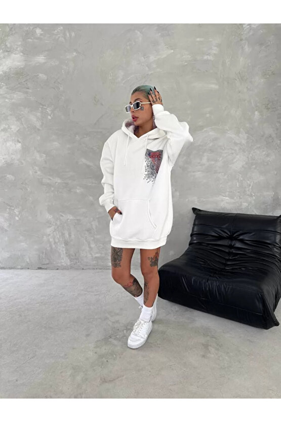 Uzun Kol Kapüşonlu Ön Ve Arka Baskılı SweatShirt - Beyaz