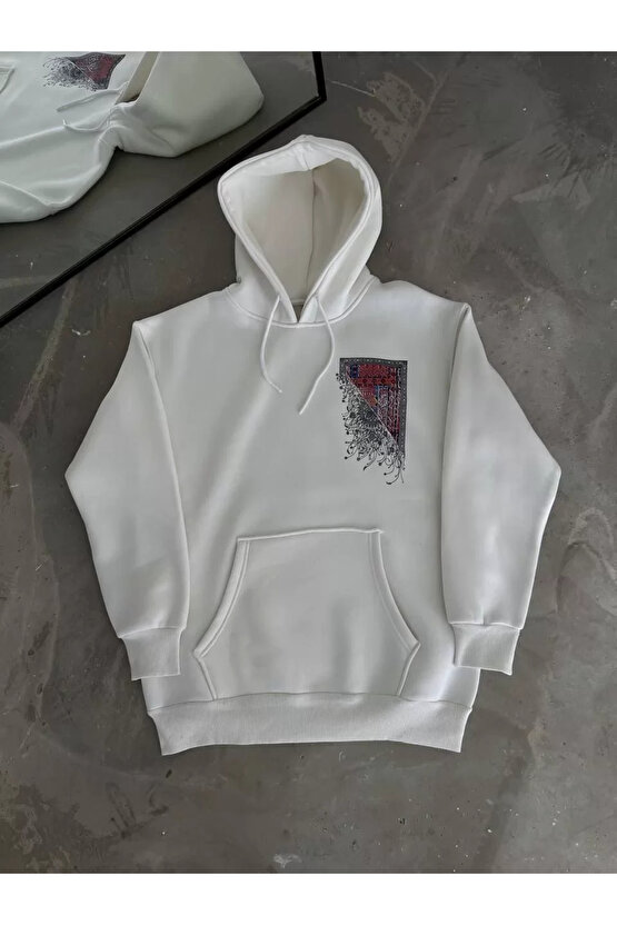 Uzun Kol Kapüşonlu Ön Ve Arka Baskılı SweatShirt - Beyaz