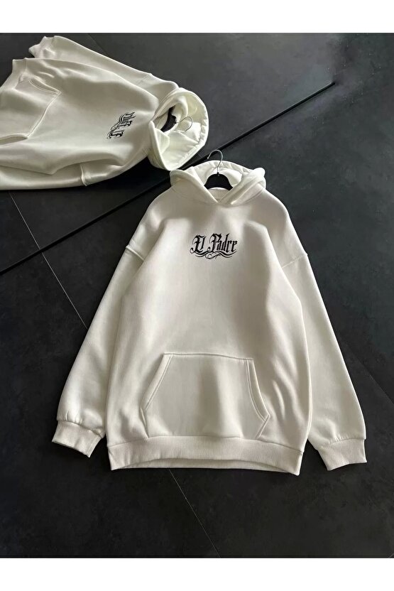 Üç İplik Penye Uzun Kol Kapüşonlu Baskılı SweatShirt - Beyaz