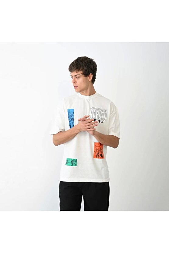 Unisex Bisiklet Yaka Baskılı Oversize T-Shirt - Beyaz